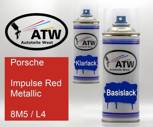 Porsche, Impulse Red Metallic, 8M5 / L4: 400ml Sprühdose + 400ml Klarlack - Set, von ATW Autoteile West.